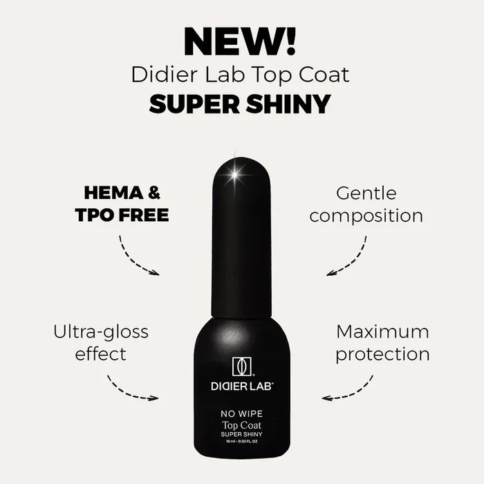 Top Coat No Wipe Super Shiny, Didier Lab, HEMA and TPO free, Clean Formula, 10 ml